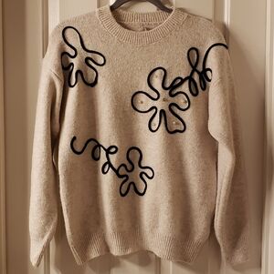 NWT! ITALIAN IMPORT Elegant Cream Sweater with Black, Diamond & Pearl Accents